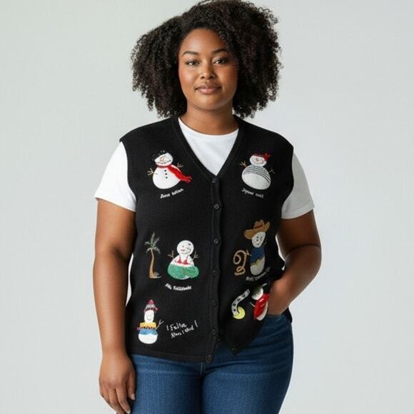 Vintage Bechamel Not Ugly Christmas Sweater Vest Snowman Around The World 2XL - Picture 1 of 6